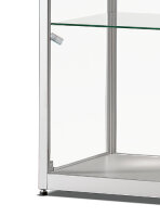 Standvitrine 100 cm breit aus Glas und Alu Silber mit LED Beleuchtung seitlich Glasvitrine grau beleuchtet Ausstellungsvitrine Präsentationsvitrine abschließbar