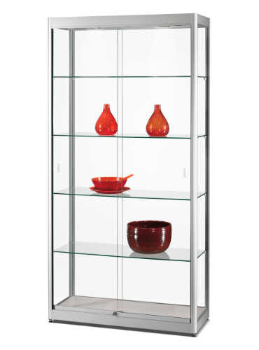 Standvitrine 100 cm breit aus Glas und Alu Silber mit LED Beleuchtung oben