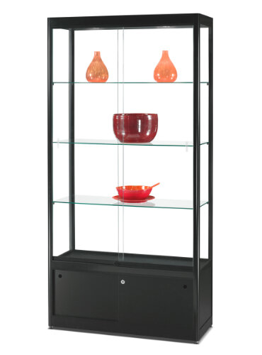 Standvitrine mit Unterschrank 100 cm breit aus Glas und Alu Schwarz mit LED Beleuchtung oben