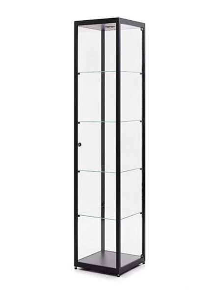 Vitrine 50 cm breit aus Glas und Alu Schwarz mit LED Beleuchtung oben