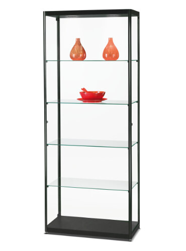 Standvitrine 80 cm breit aus Glas und Alu Schwarz mit LED Beleuchtung oben