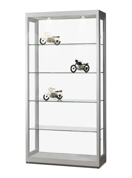 Staubdichte Vitrine 100 cm breit aus Glas und Alu Silber mit LED Beleuchtung