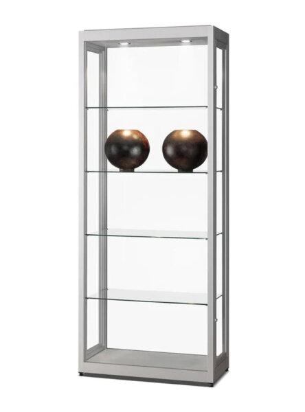 Staubdichte Vitrine 80 cm breit aus Glas und Alu Silber mit LED Beleuchtung