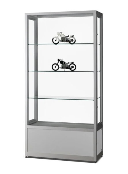 Staubdichte Vitrine mit Unterschrank 100 cm breit aus Glas und Alu Silber