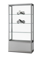 Staubdichte Vitrine mit Unterschrank 100 cm breit aus Glas und Alu Silber Vitrinenschrank 100 x 40 cm staubgeschützt Vitrine mit Unterbau grau Ausstellungsvitrine abschließbar