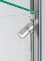 Vitrine 50 cm breit aus Glas und Alu Schwarz mit LED Beleuchtung seitlich Glasvitrine 50 x 50 cm Schwarz beleuchtet Säulenvitrine Präsentationsvitrine abschließbar