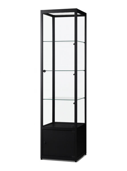 Vitrine mit Unterschrank 50 cm breit aus Glas und Alu Schwarz mit LED Beleuchtung seitlich