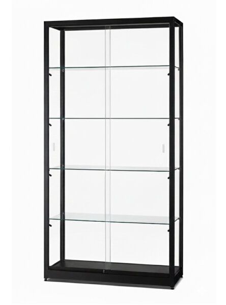 Vitrine 100 cm breit aus Glas und Alu Schwarz mit LED Beleuchtung seitlich