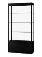 Vitrine mit Unterschrank 100 cm breit aus Glas und Alu Schwarz mit LED Beleuchtung seitlich Glasvitrine mit Stauraum Schrankvitrine schwarz beleuchtet Ausstellungsvitrine Präsentationsvitrine abschließbar