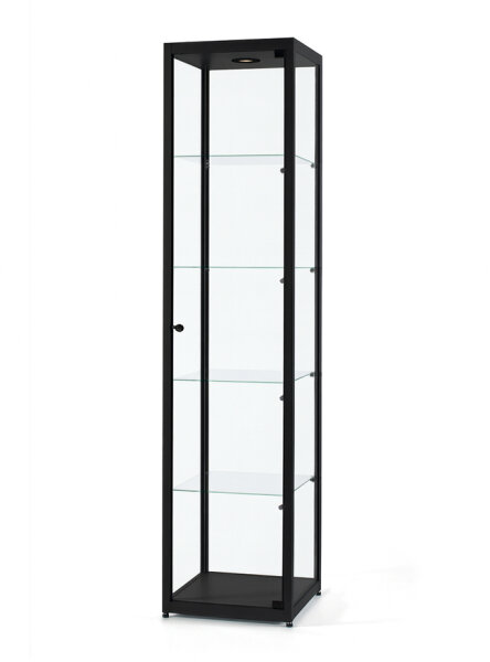 Vitrine 40 cm breit aus Glas und Alu Schwarz mit LED Beleuchtung oben und seitlich