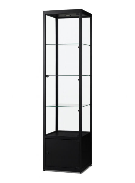 Vitrine mit Unterschrank 50 cm breit aus Glas und Alu Schwarz mit LED Beleuchtung oben und seitlich