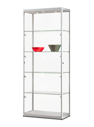 Vitrine 80 cm breit aus Glas und Alu Schwarz mit LED Beleuchtung oben und seitlich