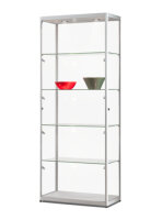 Vitrine 80 cm breit aus Glas und Alu Schwarz mit LED Beleuchtung oben und seitlich Glasvitrine beleuchtet 80  x 40 x 200 cm freistehende Ausstellungsvitrine mit filigranen schwarzen Profilen