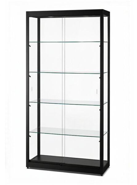 Vitrine 100 cm breit aus Glas und Alu Schwarz mit LED Beleuchtung oben und seitlich
