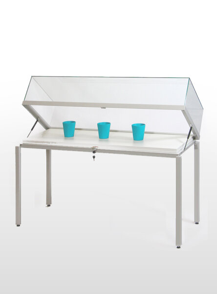 Tisch-Haubenvitrine 150 cm breit aus Glas und Alu mit 250 mm Haubenhöhe