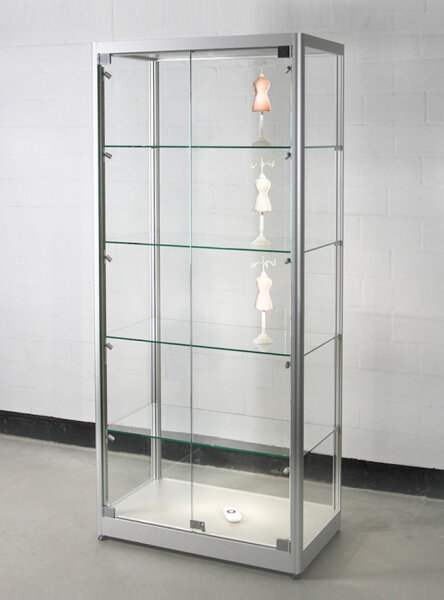 Vitrine 90 cm breit aus Glas und Alu Silber mit LED Beleuchtung seitlich