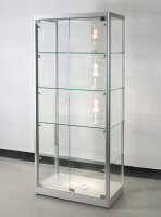Vitrine 90 cm breit aus Glas und Alu Silber mit LED Beleuchtung seitlich Glasvitrine 90 cm breit seitlich beleuchtet Ausstellungsvitrine Präsentationsvitrine abschließbar