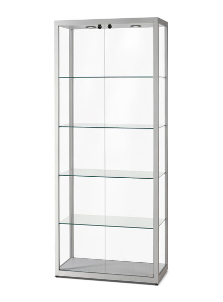 Vitrine 70 cm breit aus Glas und Alu Silber mit LED Beleuchtung oben