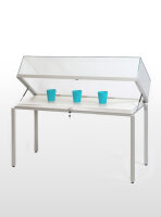 Tisch-Haubenvitrine 120 cm breit aus Glas und Alu mit 250 mm Haubenhöhe Tischvitrine Haubentisch mit Gasdruckfedern Präsentationstisch für Museum abschließbar