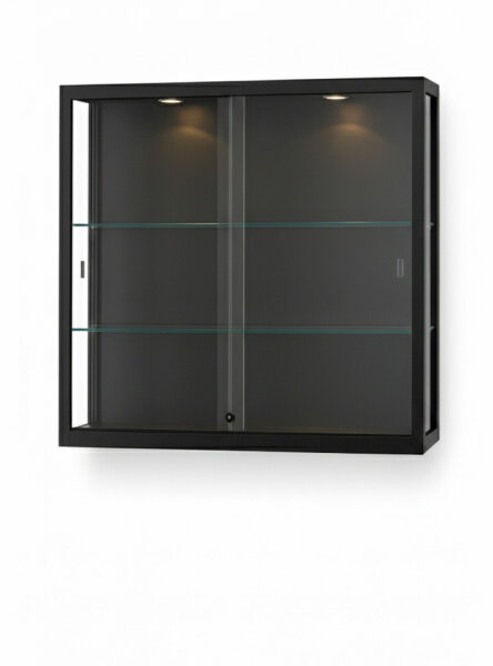 Wandvitrine 100 cm breit mit Beleuchtung oben aus Glas und Alu Schwarz