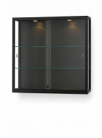 Wandvitrine 100 cm breit mit Beleuchtung oben aus Glas und Alu Schwarz Hängevitrine schwarz Vitrine zum Aufhängen an die Wand mit 2 LED Deckenspots und abschließbaren Schiebetüren