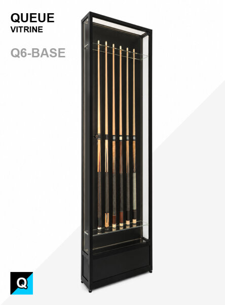 Billard Queue Vitrine 60 cm breit aus Glas und Alu Schwarz mit rundum LED-Strips