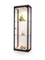 Wandvitrine 40 cm breit mit Beleuchtung oben aus Glas und Alu Schwarz Schmale Hängevitrine schwarz Vitrine zum Aufhängen an die Wand mit 1 LED Deckenspot und 1 abschließbarer Drehtür