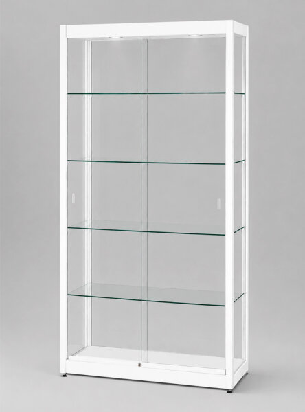 Vitrine 100 cm breit aus Glas und Alu Weiss mit LED Beleuchtung oben