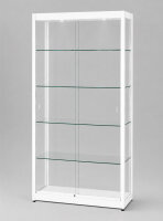 Vitrine 100 cm breit aus Glas und Alu Weiss mit LED Beleuchtung oben Glasvitrine mit Schiebetüren 100 x 40 x 200 cm freistehende Ausstellungsvitrine mit LED Deckenbeleuchtung