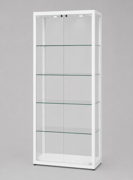 Vitrine 80 cm breit aus Glas und Alu Weiss mit LED Beleuchtung oben