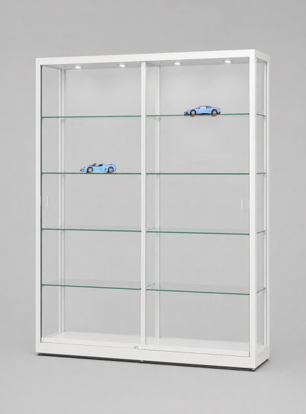 Vitrine 150 cm breit aus Glas und Alu Weiss mit LED Beleuchtung oben