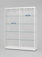 Vitrine 150 cm breit aus Glas und Alu Weiss mit LED Beleuchtung oben Große Glasvitrine weiss 150 x 40 cm breite abschließbare Standvitrine mit Schiebetüren mit LED-Deckenstrahlern