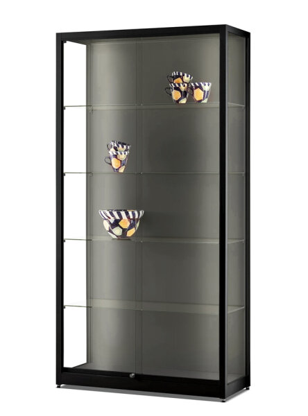 Vitrine 120 cm breit aus Glas und Alu Schwarz mit 2 LED-Strips