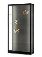 Vitrine 120 cm breit aus Glas und Alu Schwarz mit 2 LED-Strips Glasvitrine mit Rückwand schwarz beleuchtet mit LED-Streifen im Profil Ausstellungsvitrine mit Beleuchtung abschließbar