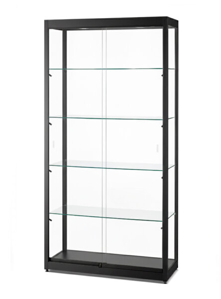 Vitrine 100 cm breit aus Glas und Alu Schwarz mit LED Beleuchtung oben und seitlich