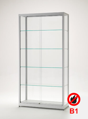 Brandschutz Standvitrine 100 cm breit aus Glas und Alu Silber