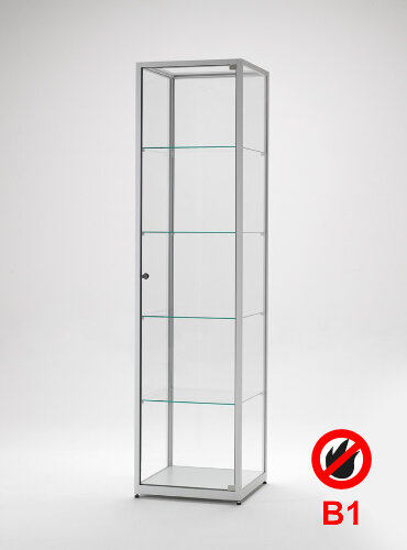 Brandschutz Standvitrine 50 cm breit aus Glas und Alu Silber