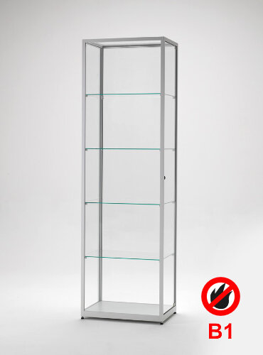 Brandschutz Standvitrine 60 cm breit aus Glas und Alu Silber