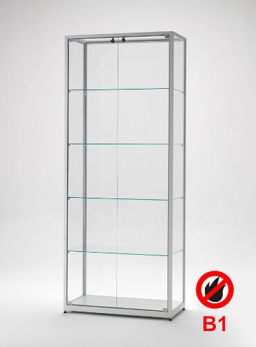 Brandschutz Standvitrine 80 cm breit aus Glas und Alu Silber