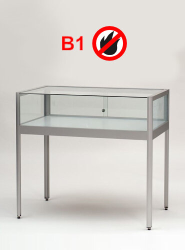 Brandschutz Tischvitrine 100 cm breit aus Glas und Alu Silber