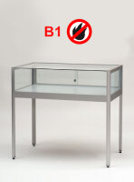 Brandschutz Tischvitrine 120 cm breit aus Glas und Alu Silber