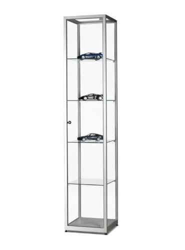 Standvitrine 40 cm breit aus Glas und Alu Silber