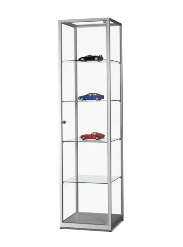 Standvitrine 50 cm breit aus Glas und Alu Silber