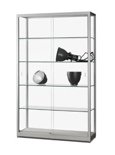 Standvitrine 120 cm breit aus Glas und Alu Silber