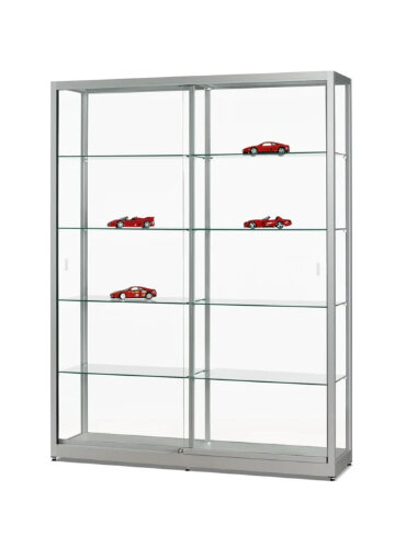 Standvitrine 150 cm breit aus Glas und Alu Silber