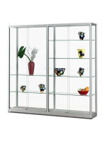 Standvitrine ca. 200 cm breit aus Glas und Alu Silber