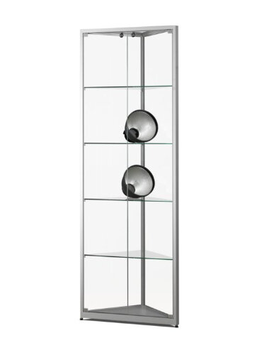 Eckvitrine 50 cm breit aus Glas und Alu Silber